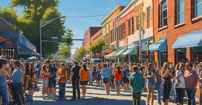 A bustling street with colorful murals and people enjoying an art walk in Redwood City, illuminated by soft sunlight.