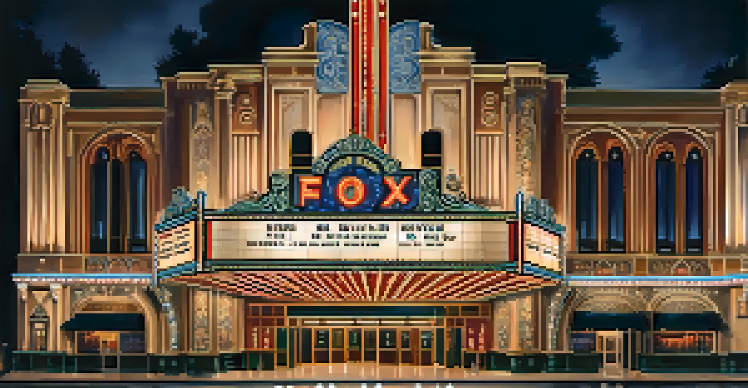 The Fox Theatre in Redwood City, lit up at night, showcasing its marquee lights and elegant interior designs.