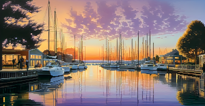 A sunset view of Redwood City's waterfront with sailboats, modern buildings, and trees along the walkway.