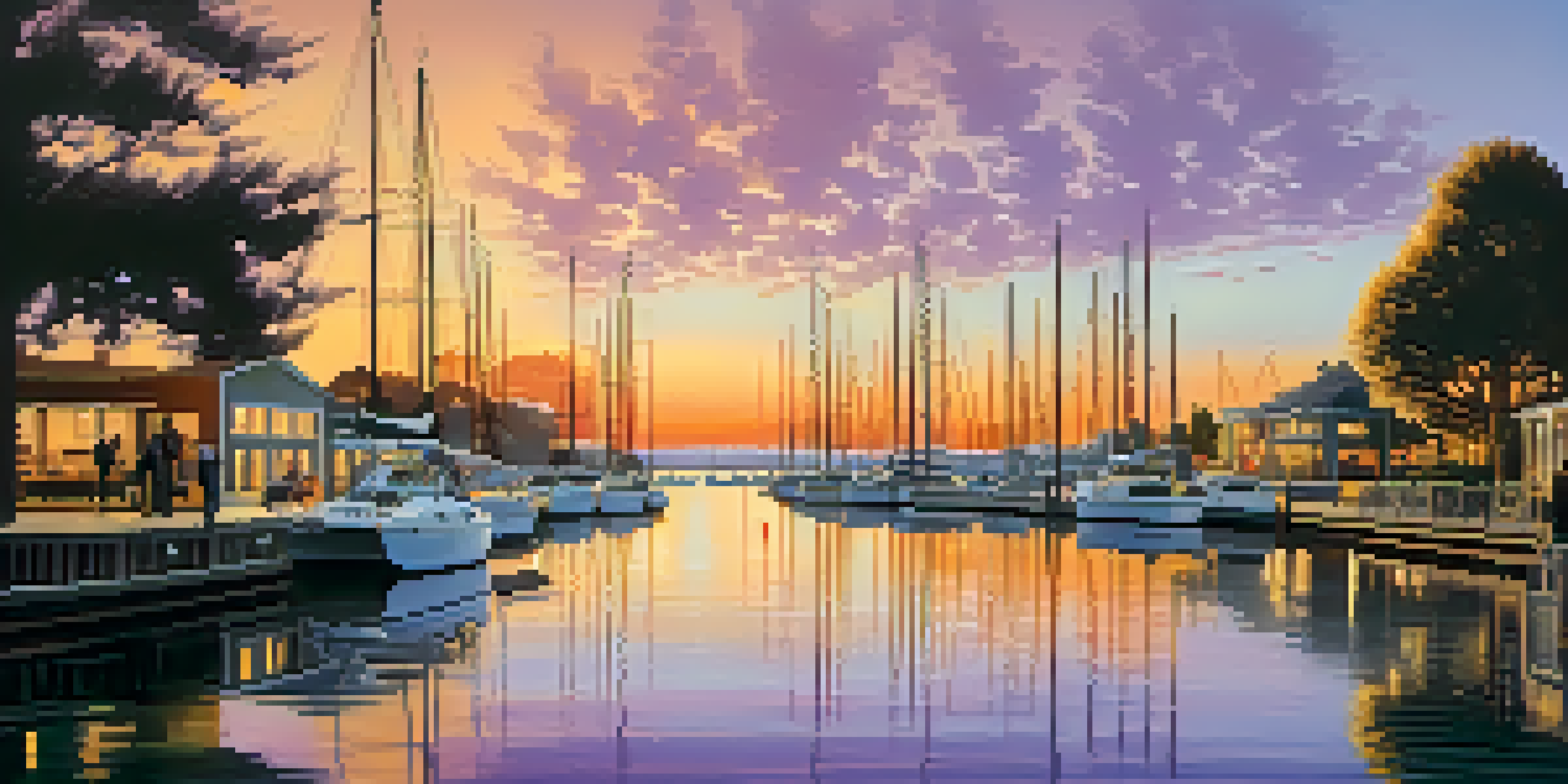 A sunset view of Redwood City's waterfront with sailboats, modern buildings, and trees along the walkway.