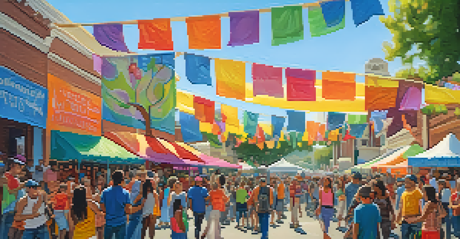 A lively community festival in Redwood City with diverse people, colorful decorations, and performers.