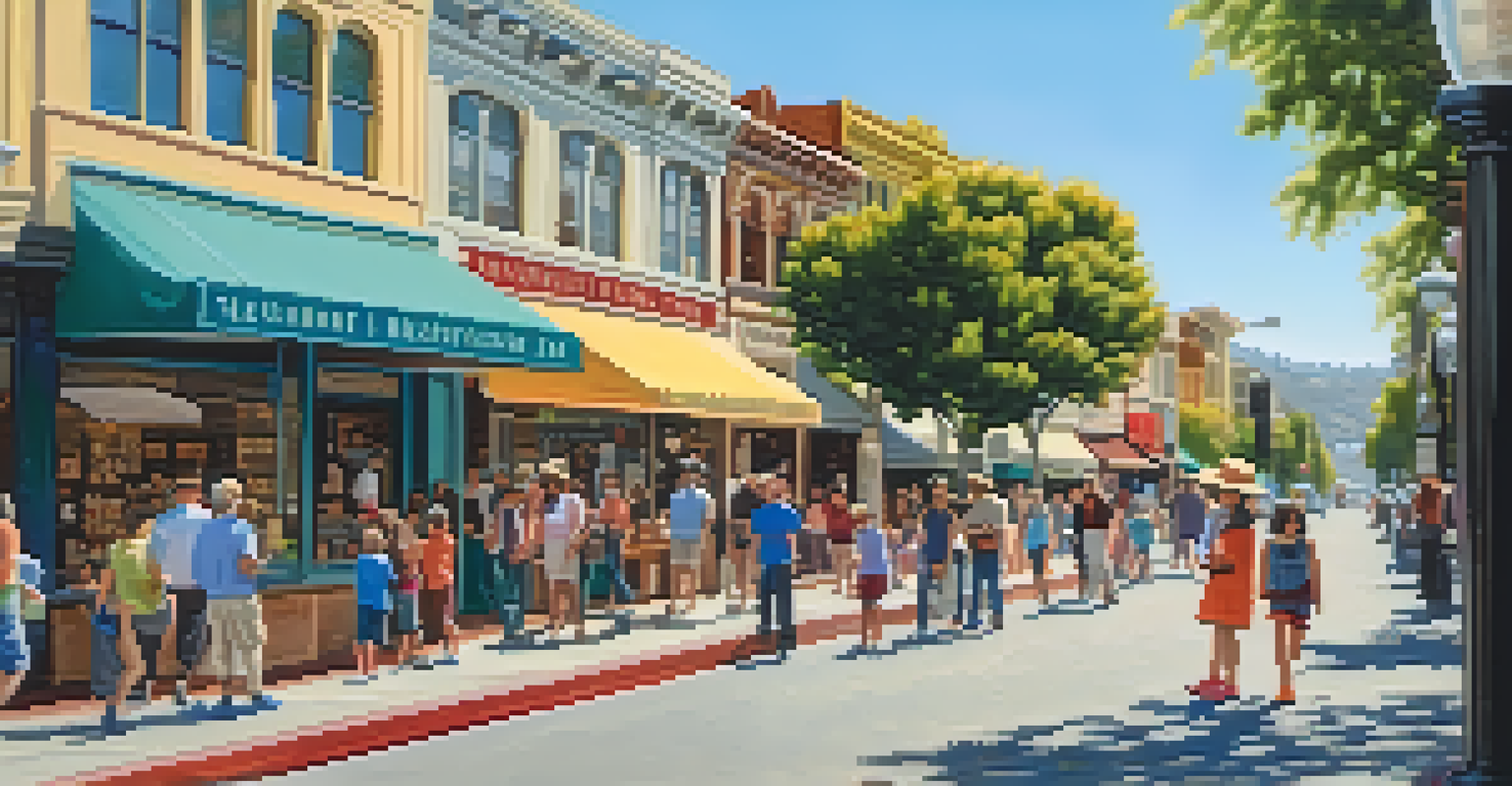 Families walking along a sunny street in Redwood City, viewing historical markers and storefronts.