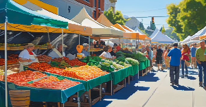 A lively farmers' market with colorful stalls filled with fresh fruits and vegetables, artisans showcasing handmade crafts, and people enjoying the atmosphere on a sunny day.