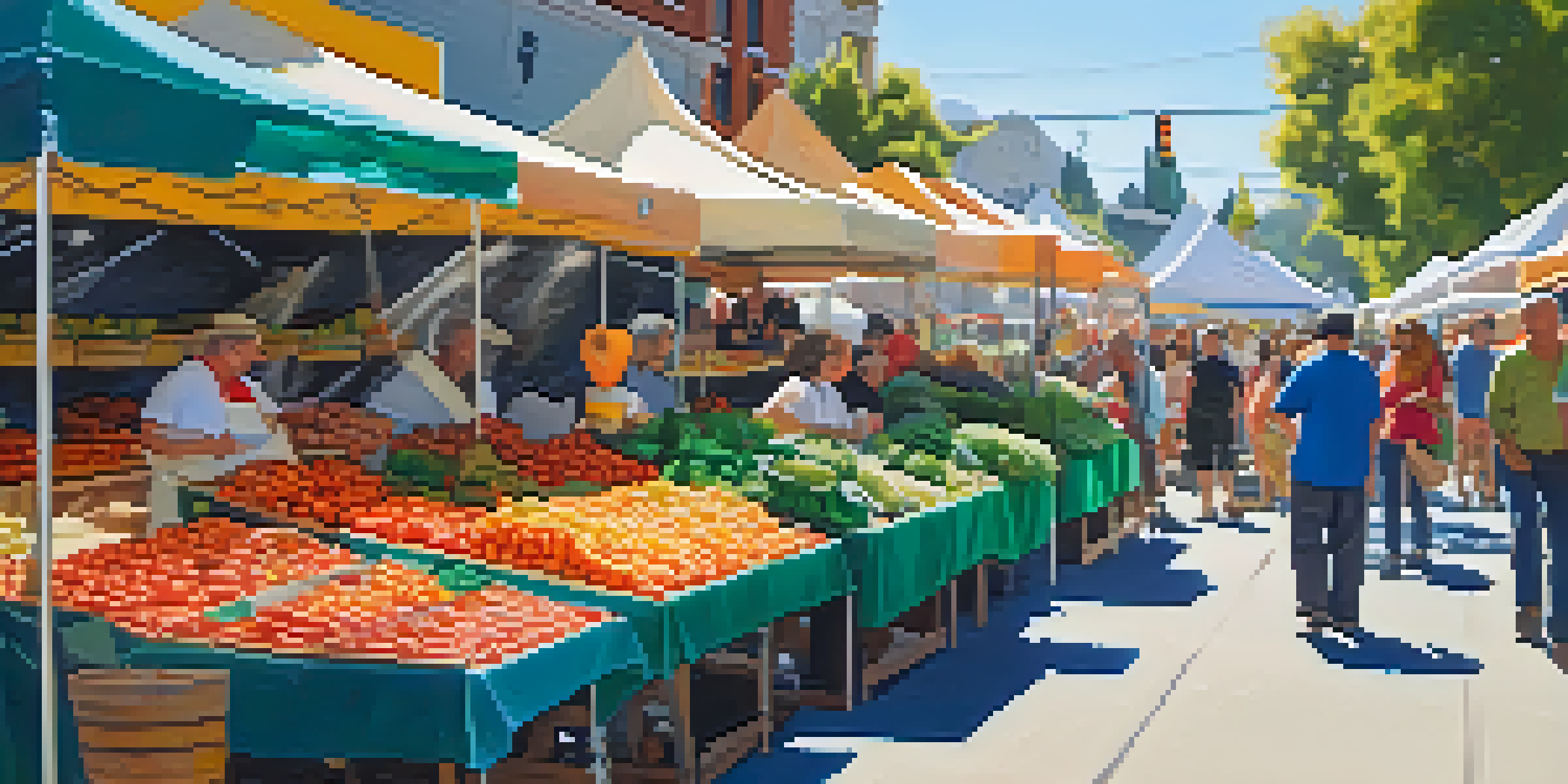 A lively farmers' market with colorful stalls filled with fresh fruits and vegetables, artisans showcasing handmade crafts, and people enjoying the atmosphere on a sunny day.