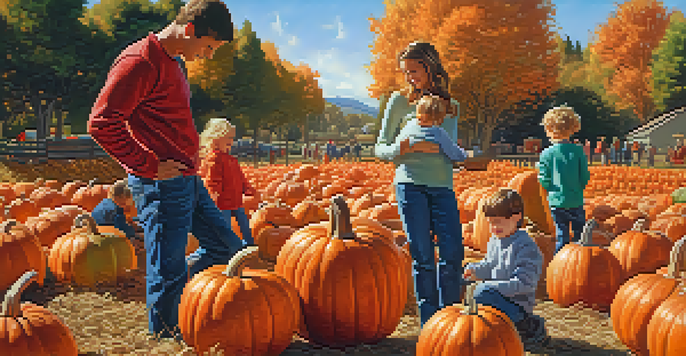 A family with children at a pumpkin patch surrounded by colorful pumpkins and autumn leaves.