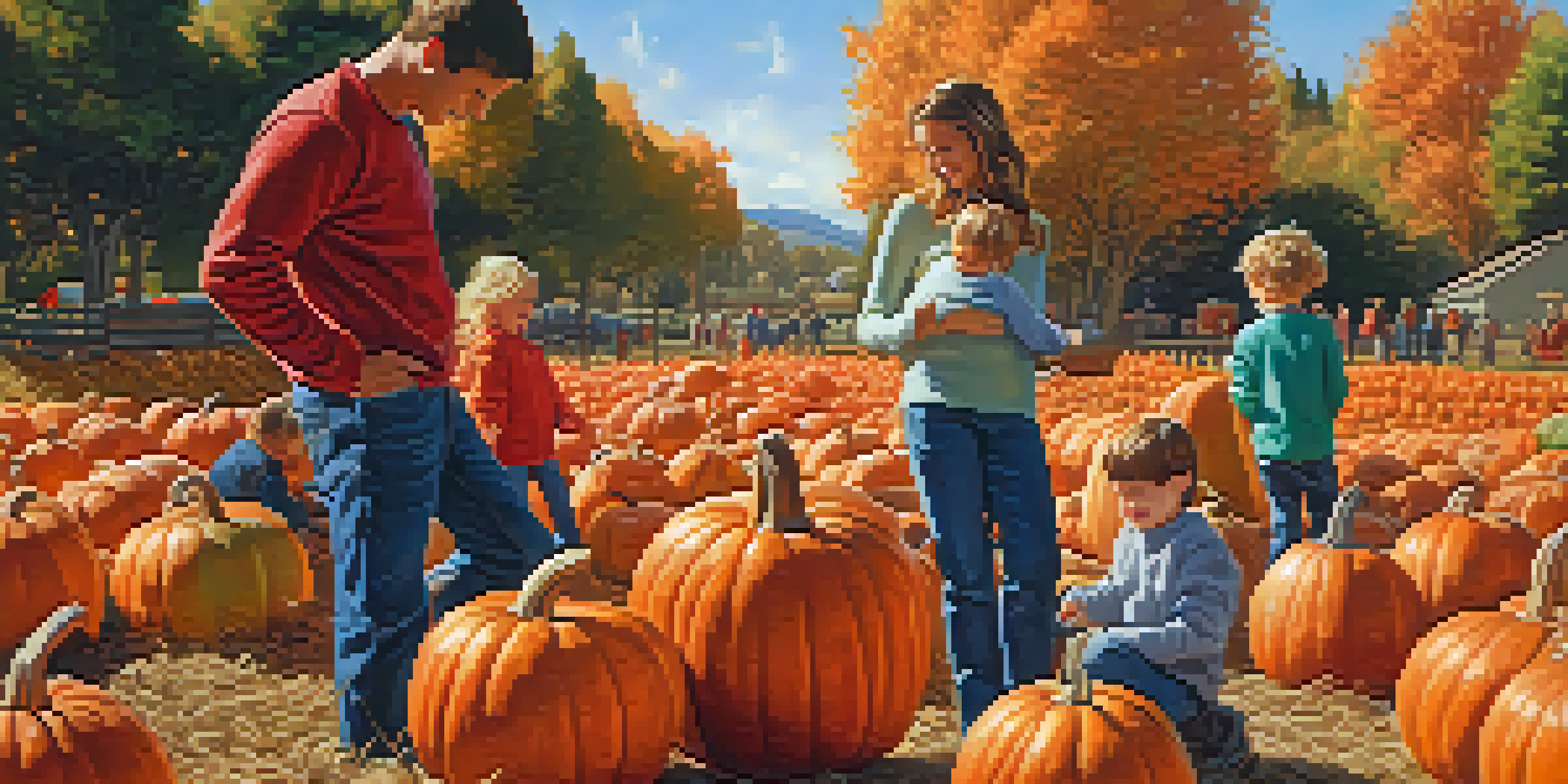 A family with children at a pumpkin patch surrounded by colorful pumpkins and autumn leaves.