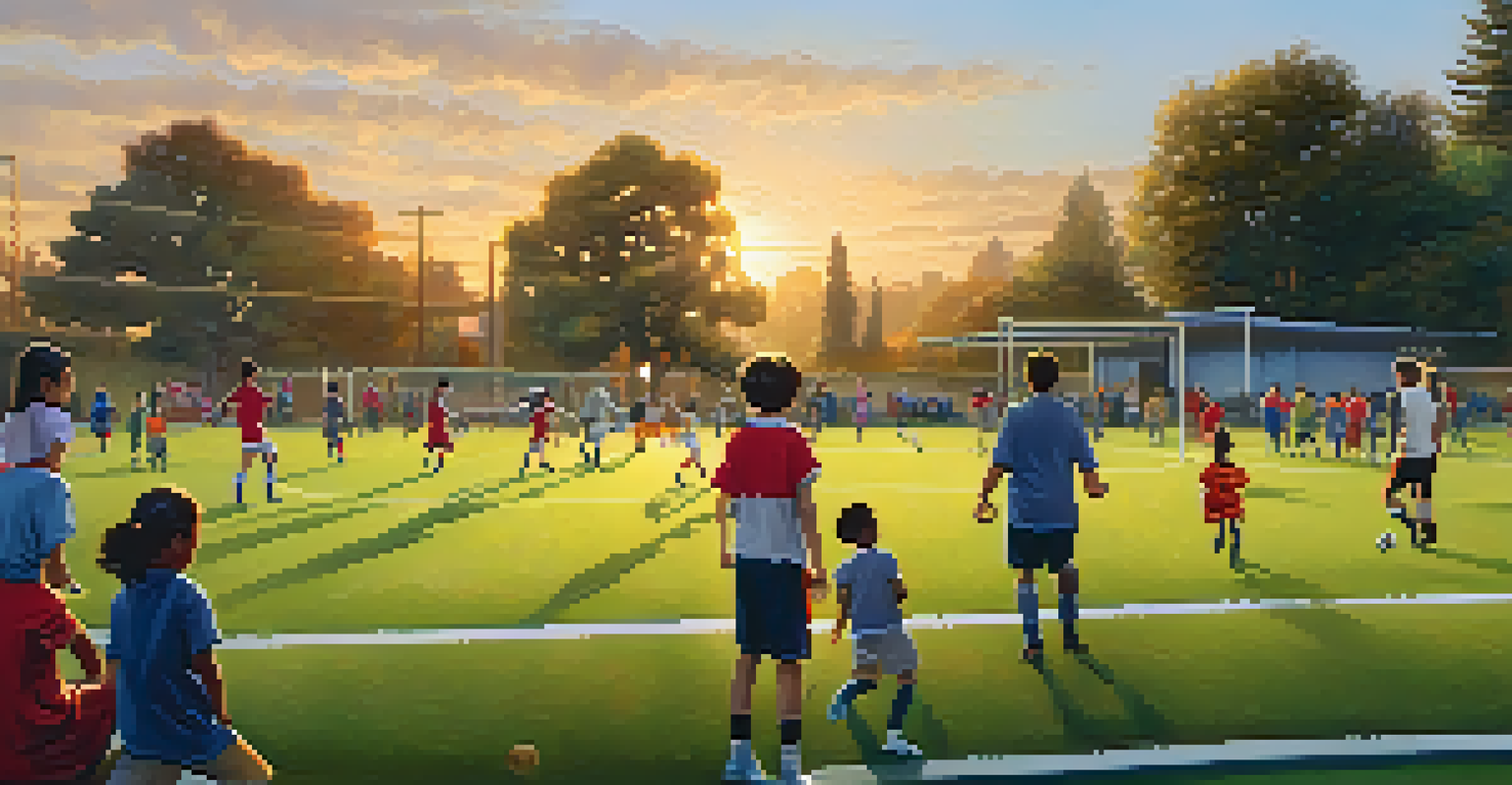 A scenic soccer field at sunset with players in action and parents cheering from the sidelines, surrounded by flowers and trees.