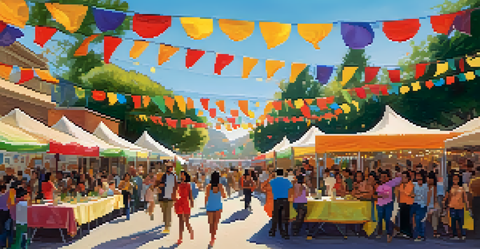 A lively community festival with diverse people, colorful decorations, food stalls, and dancing in Redwood City under the warm sunlight.