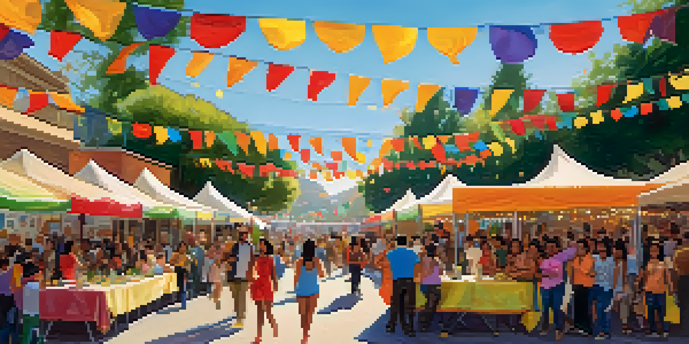 A lively community festival with diverse people, colorful decorations, food stalls, and dancing in Redwood City under the warm sunlight.