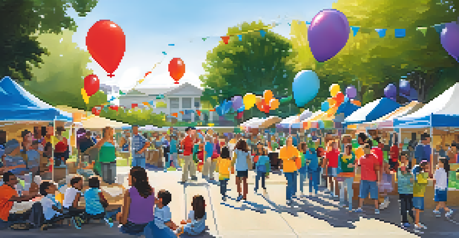 A bustling outdoor community event with families exploring educational resources, featuring colorful booths and fun activities.
