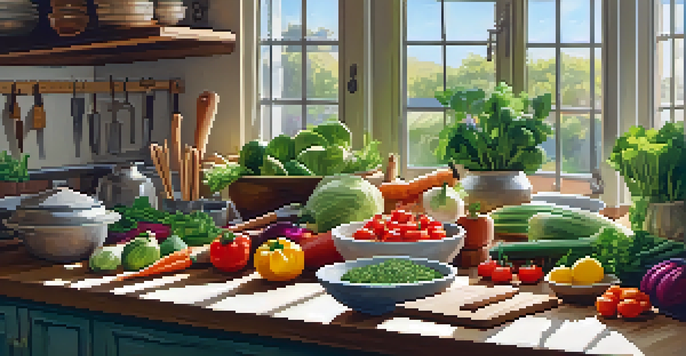 A sunny kitchen with a wooden table filled with fresh vegetables and cooking tools, showcasing a welcoming atmosphere for a cooking class.