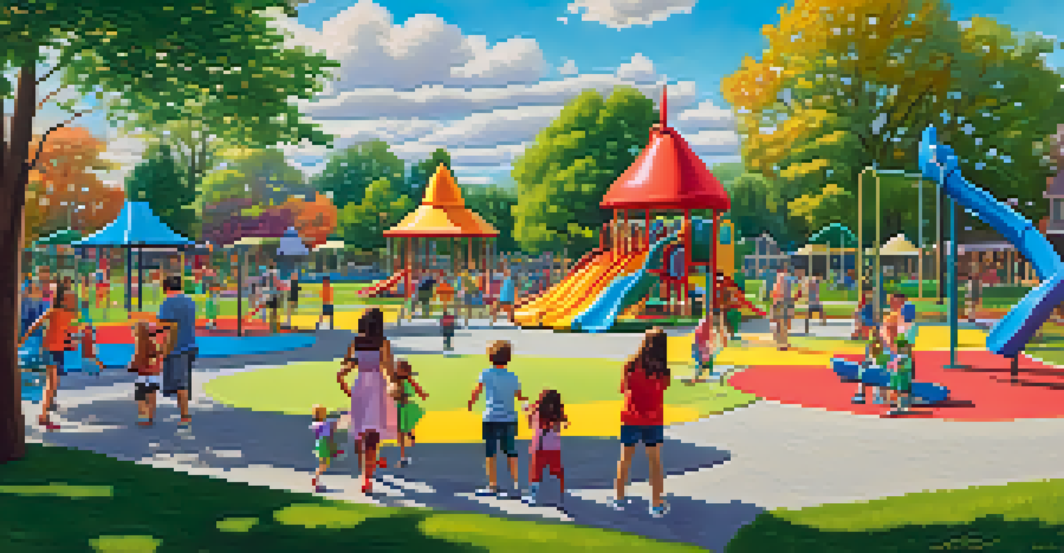 A lively family scene at Red Morton Park with children playing and families enjoying picnics.