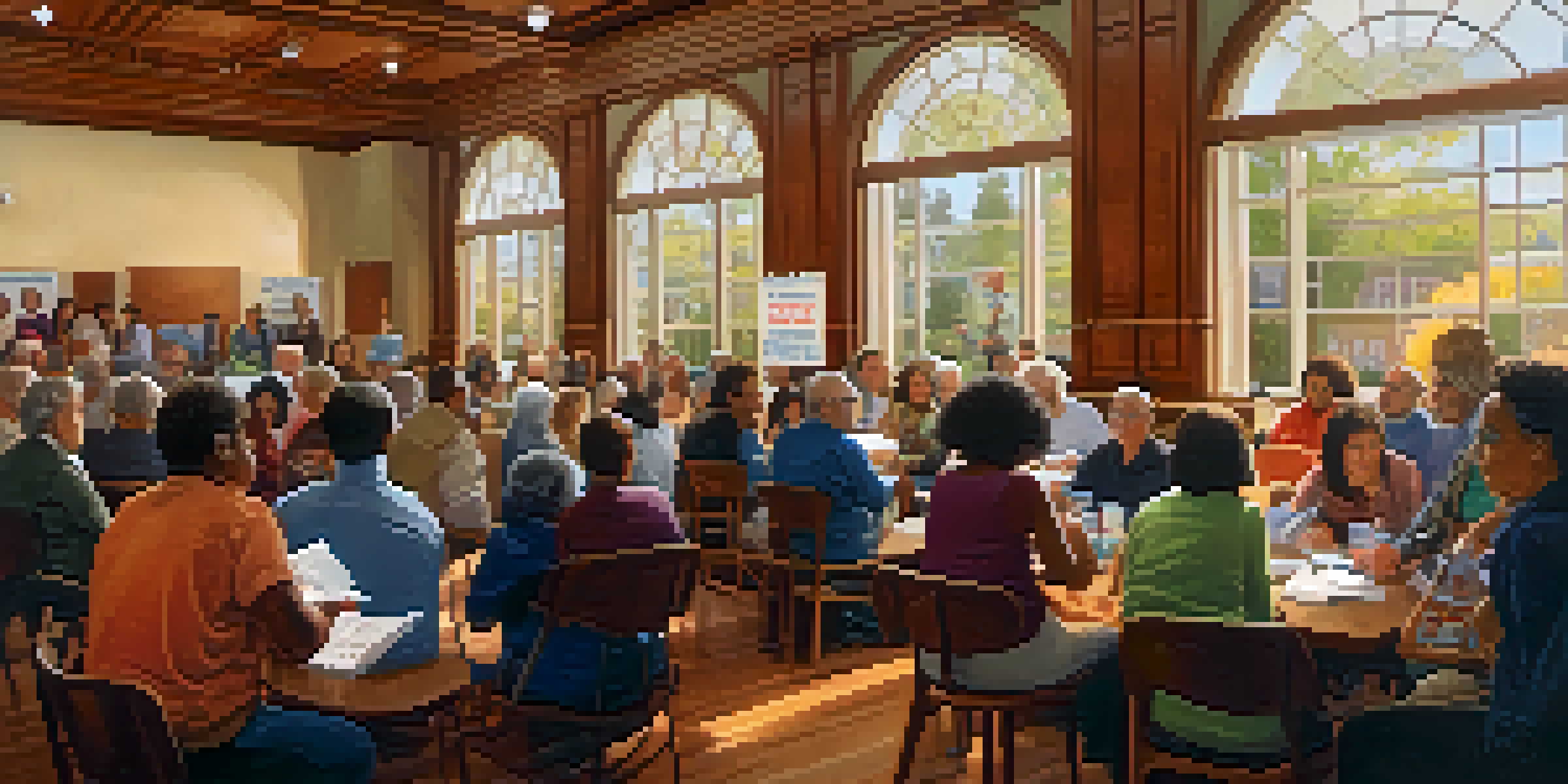 A warm and inviting town hall setting in Redwood City, with diverse community members discussing voting practices and civic engagement.