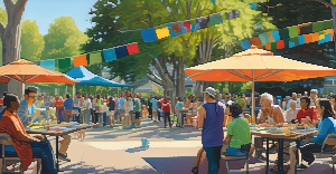 A diverse group of residents in Redwood City enjoying a community gathering in a park, with colorful banners and sunlight filtering through trees.