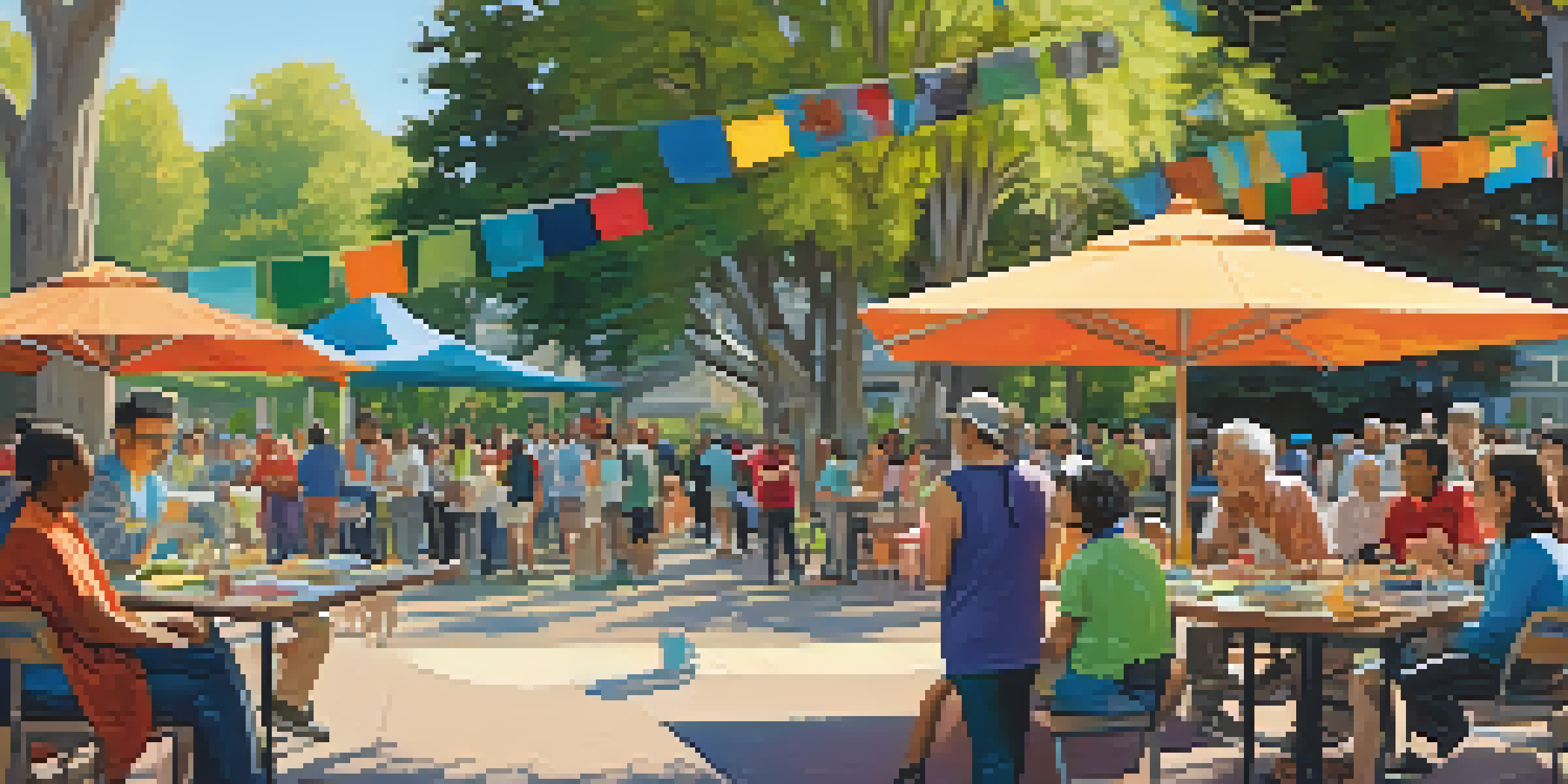 A diverse group of residents in Redwood City enjoying a community gathering in a park, with colorful banners and sunlight filtering through trees.