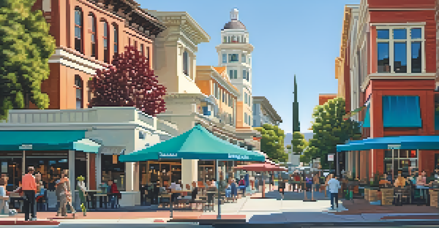 A modern view of Redwood City, showcasing a mix of historic and contemporary buildings in a lively downtown setting.