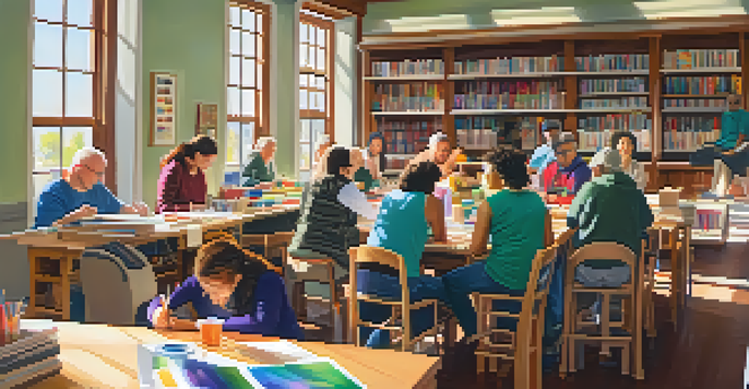 A diverse group of adults participating in a creative arts and crafts workshop in a library, surrounded by colorful art supplies and warm sunlight.