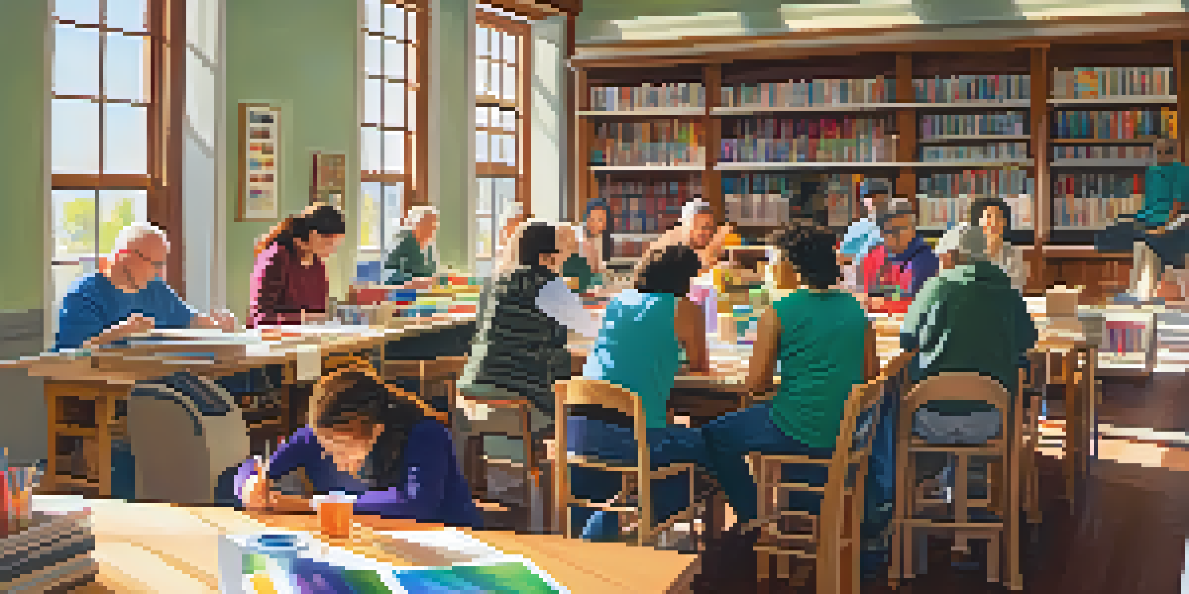 A diverse group of adults participating in a creative arts and crafts workshop in a library, surrounded by colorful art supplies and warm sunlight.
