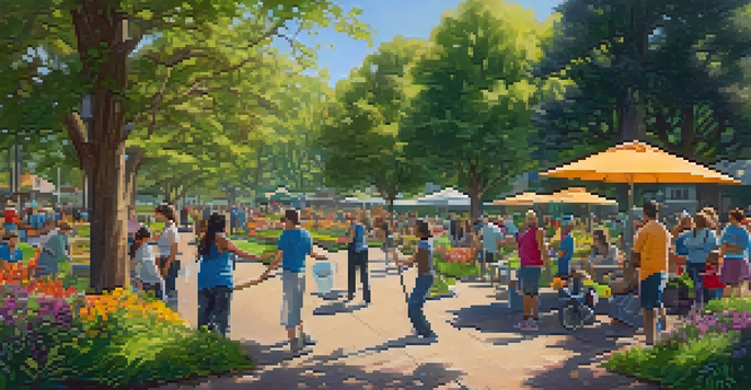 A diverse group of volunteers cleaning up a community park in Redwood City under sunlight, with green trees and colorful flowers around.