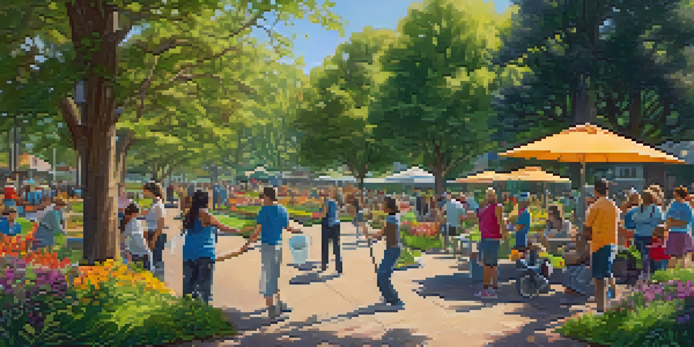 A diverse group of volunteers cleaning up a community park in Redwood City under sunlight, with green trees and colorful flowers around.
