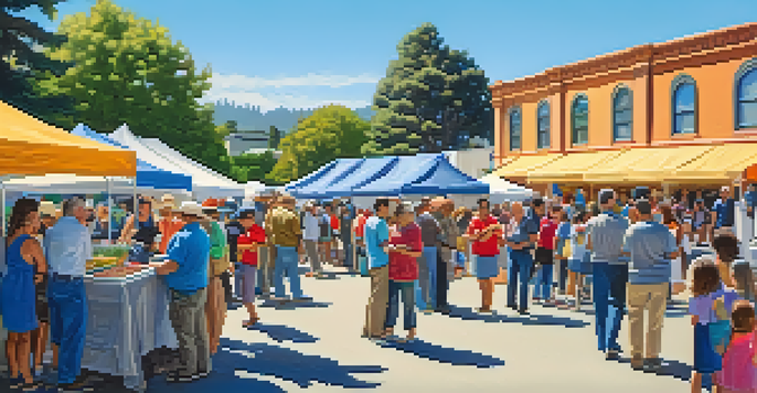 A lively community event in Redwood City, with people looking at historical exhibits and sharing stories under a clear sky.