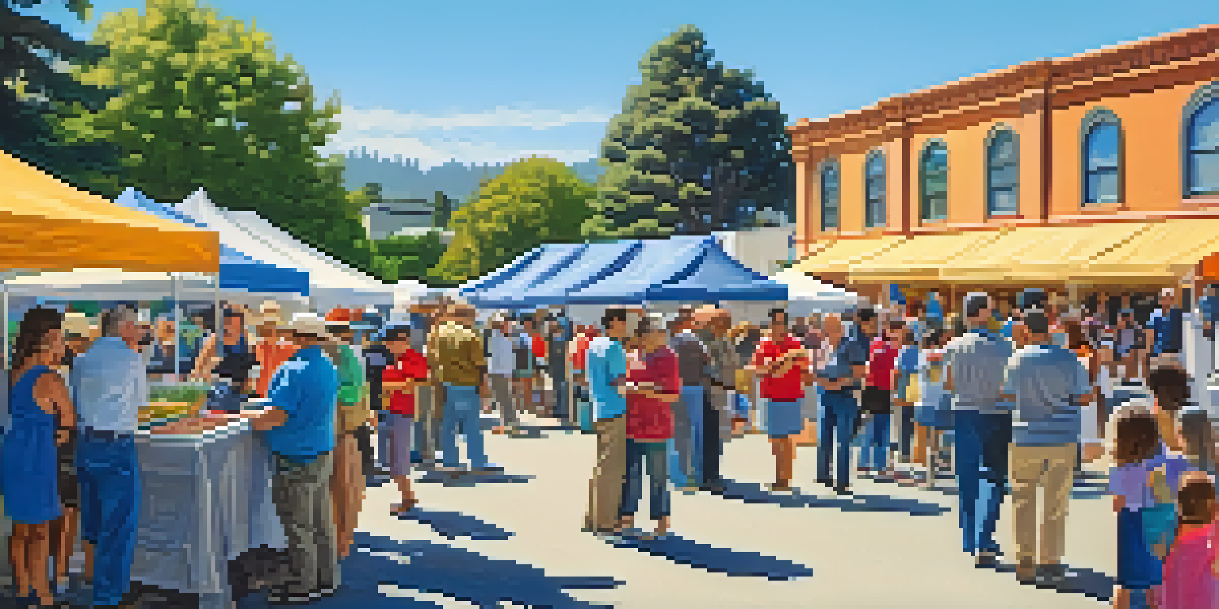 A lively community event in Redwood City, with people looking at historical exhibits and sharing stories under a clear sky.