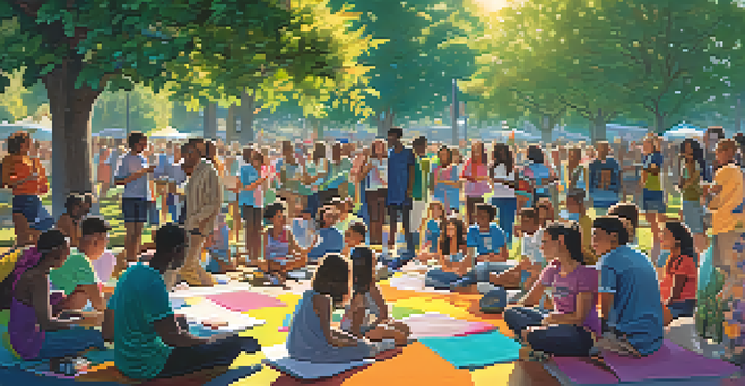 A lively park scene with diverse young individuals participating in discussions and activities, surrounded by colorful banners and nature.