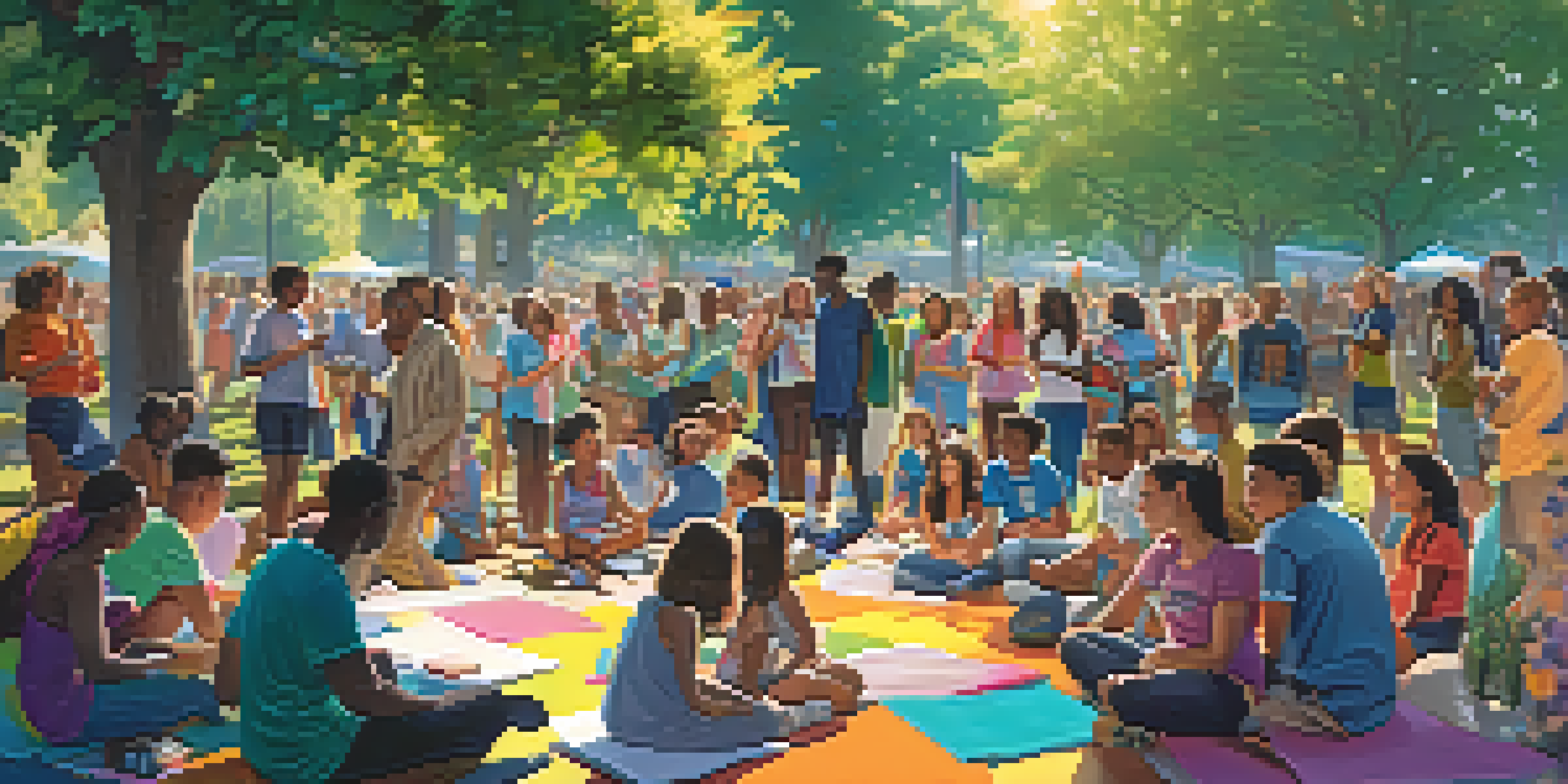 A lively park scene with diverse young individuals participating in discussions and activities, surrounded by colorful banners and nature.