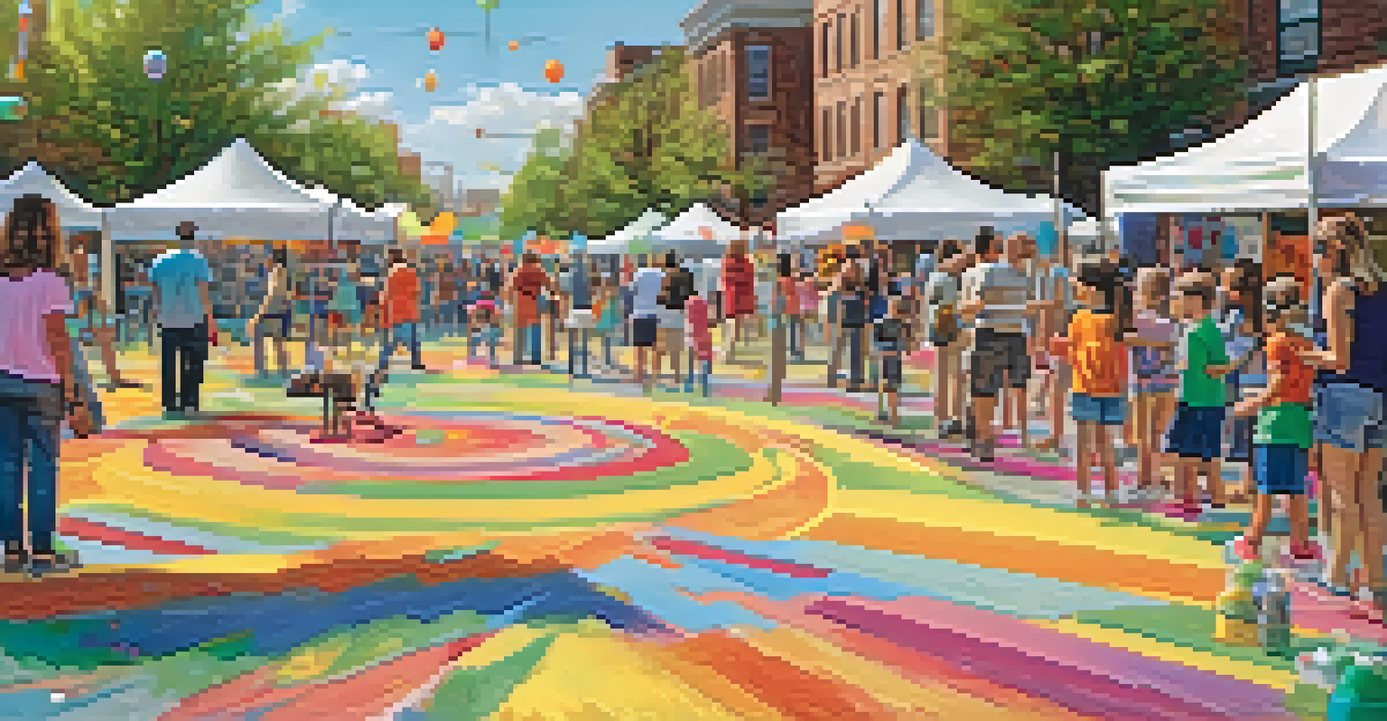 Children participating in art activities at a family-friendly festival with colorful decorations and parents watching happily.