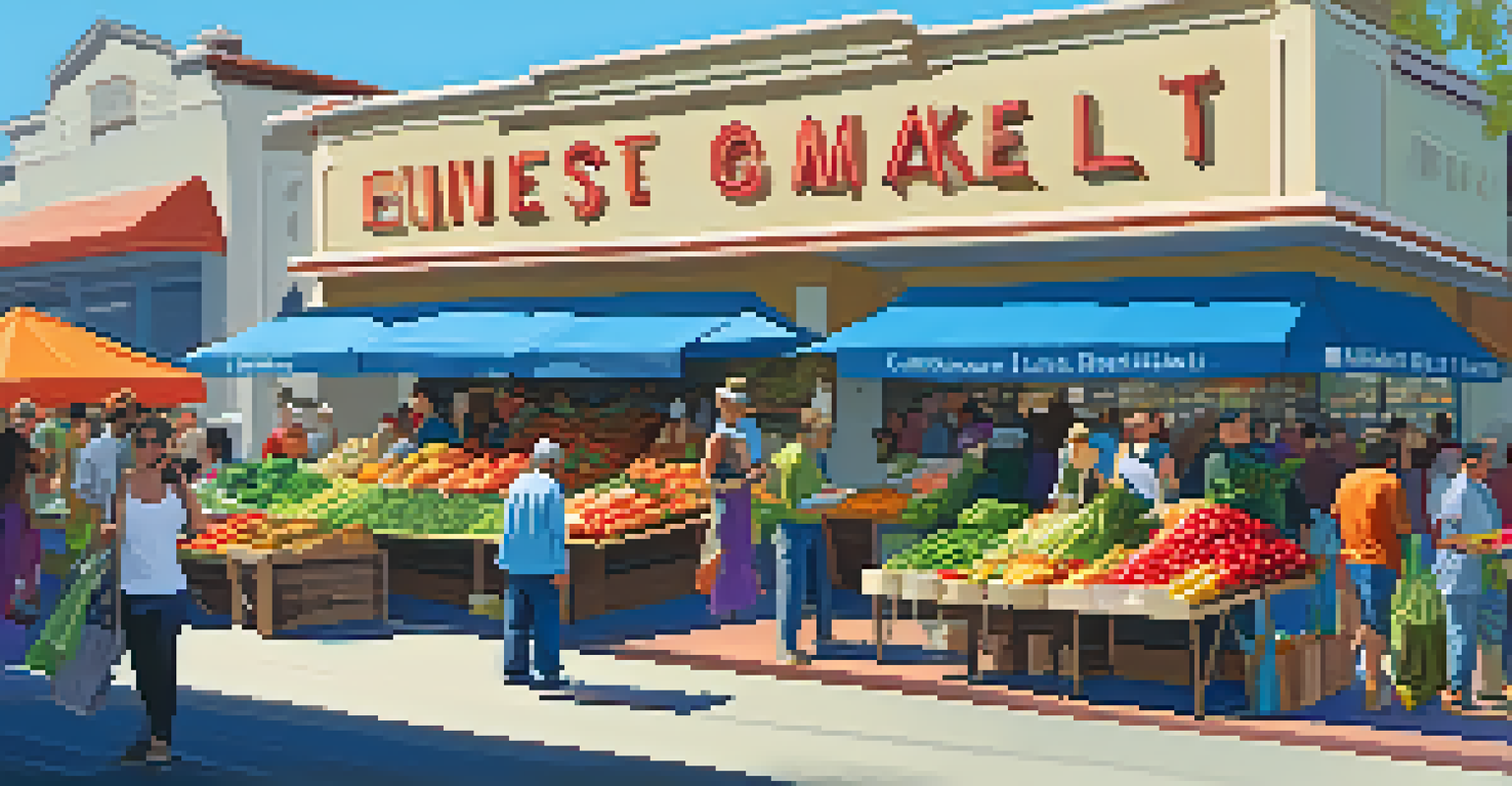 A lively local market scene featuring sustainable businesses with customers using reusable bags and vibrant produce on display.