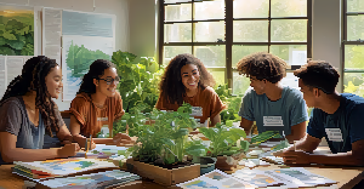 Youth activists participating in a sustainability workshop with materials and plants on a table.