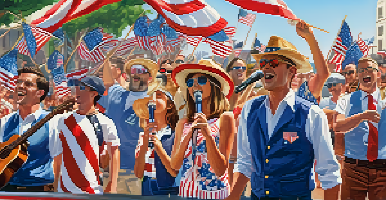 A local band performing patriotic music at a lively Fourth of July parade, with an engaged audience.