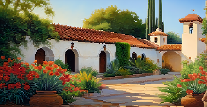 A beautiful mission building with adobe walls and a red-tiled roof, surrounded by colorful flowers and greenery, bathed in warm sunlight.
