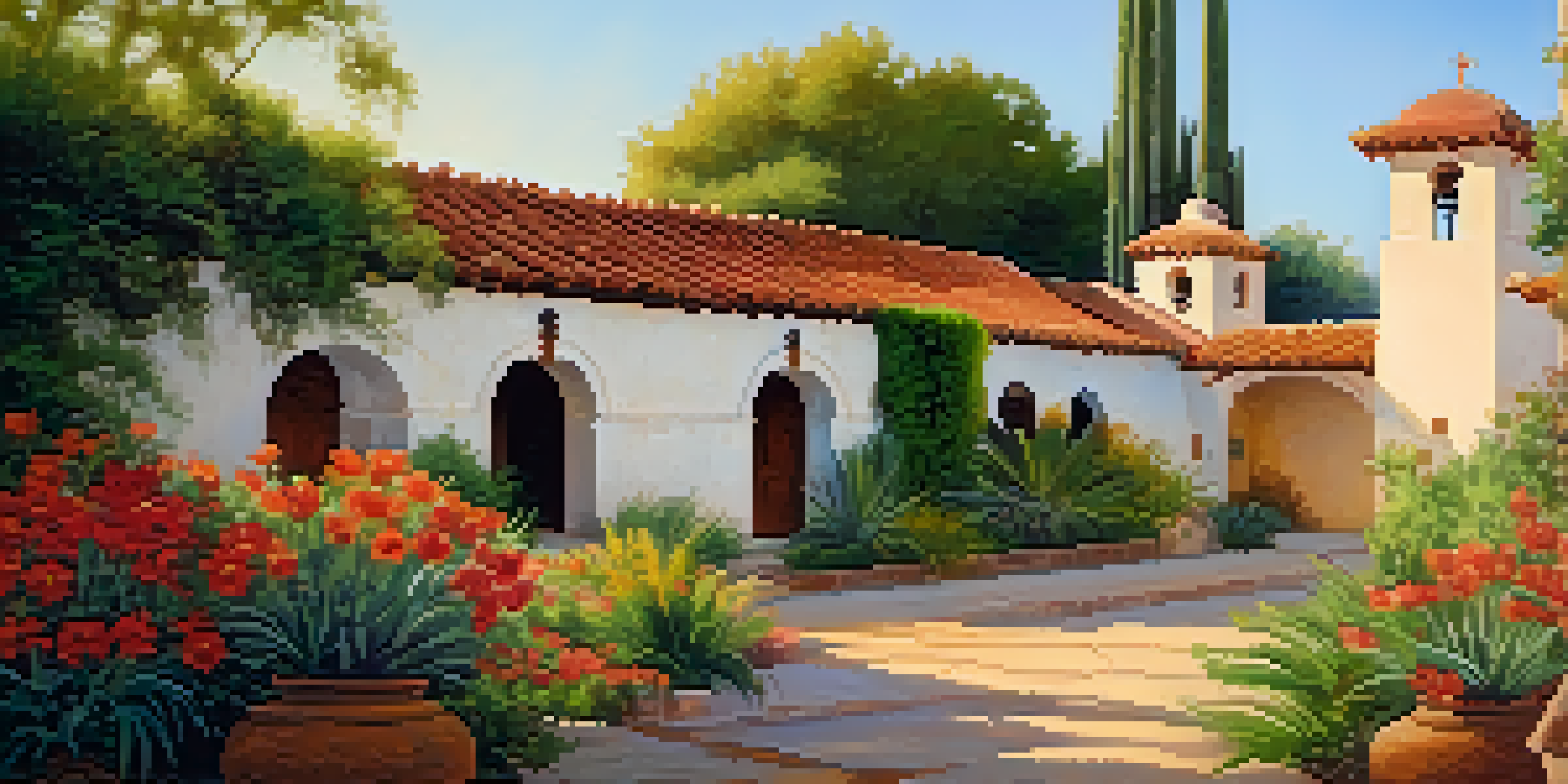 A beautiful mission building with adobe walls and a red-tiled roof, surrounded by colorful flowers and greenery, bathed in warm sunlight.