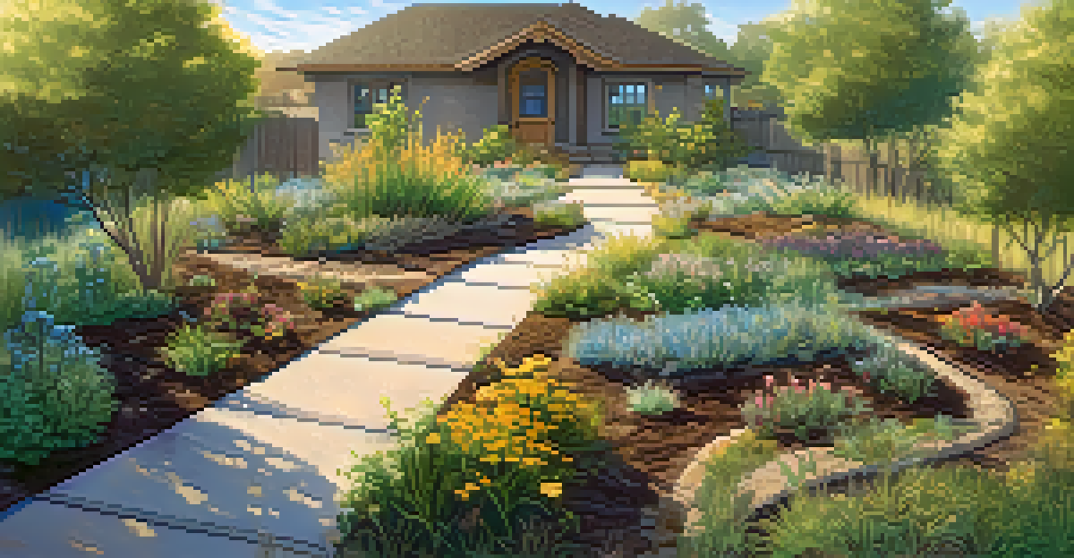 An overhead view of a sustainable garden with a rain garden, drip irrigation, mulch, and a birdhouse under a blue sky.