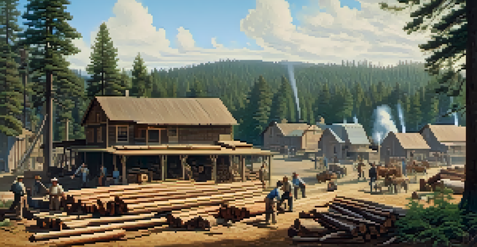 A historical view of Redwood City in the 1850s with a lumber mill, workers, and redwood trees under a blue sky.