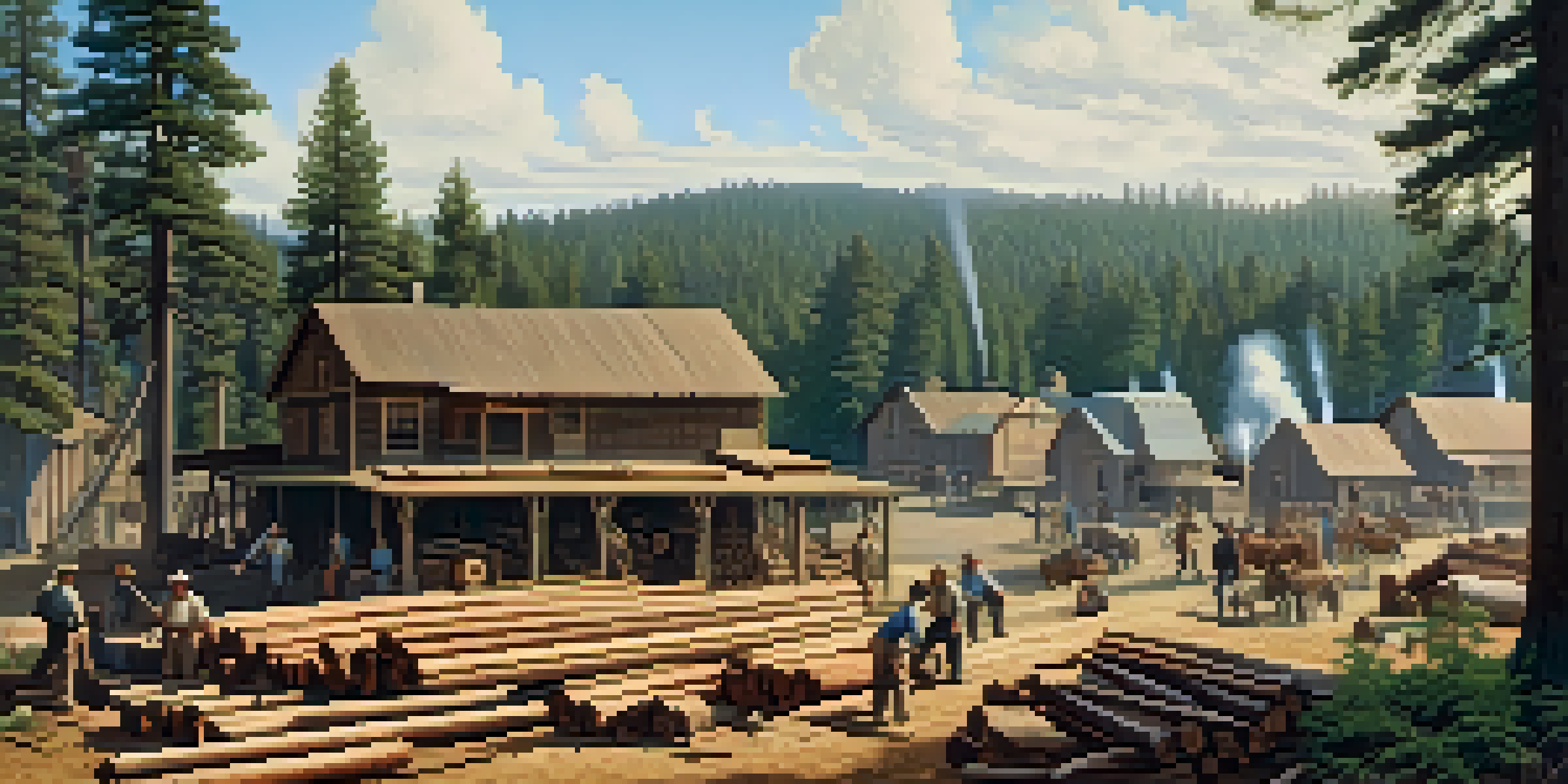 A historical view of Redwood City in the 1850s with a lumber mill, workers, and redwood trees under a blue sky.