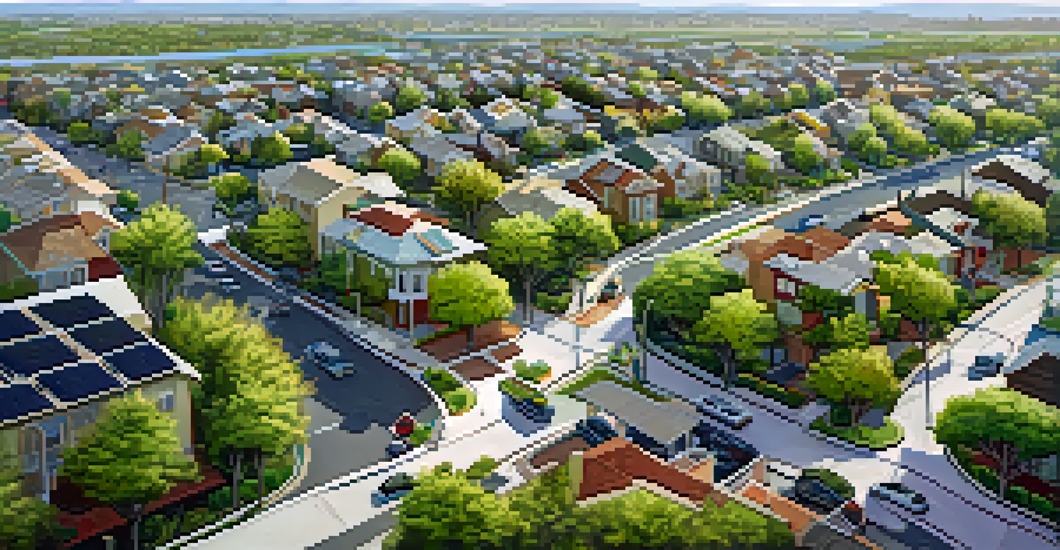 Aerial view of Redwood City showing green streets and solar panels in a low-income neighborhood with bike lanes and trees.