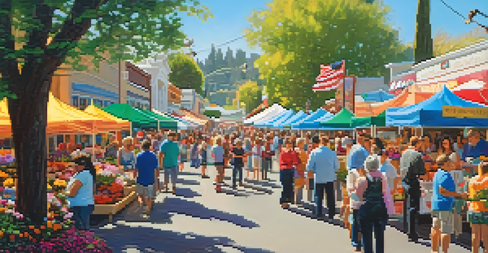 A lively outdoor festival scene with colorful flowers, artisans selling crafts, and families enjoying activities under bright sunlight.