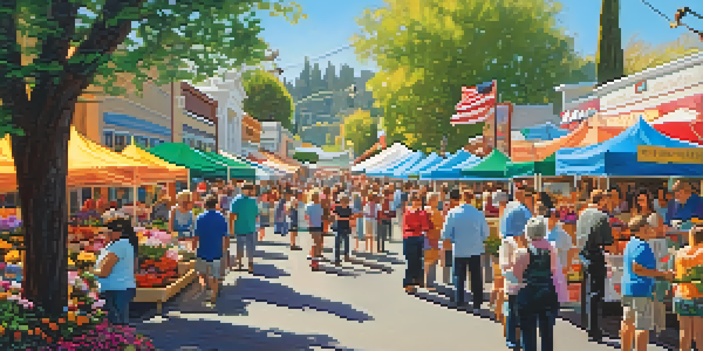 A lively outdoor festival scene with colorful flowers, artisans selling crafts, and families enjoying activities under bright sunlight.