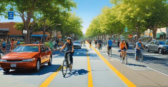 A busy street in Redwood City featuring a clear bicycle lane with cyclists and pedestrians, surrounded by trees and sunny weather.