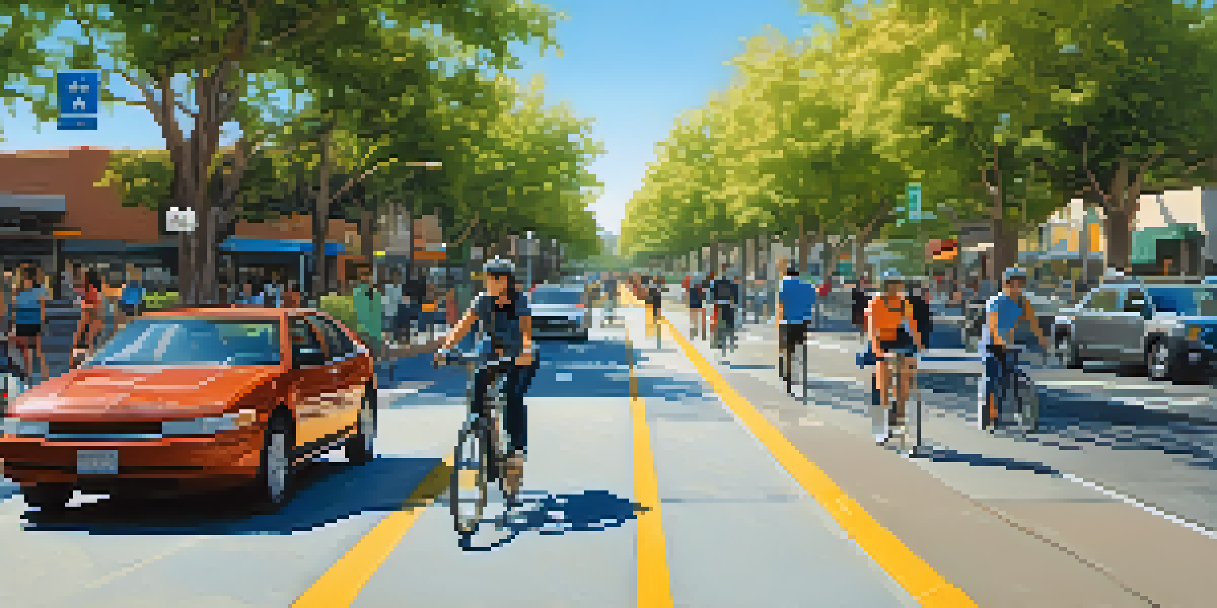 A busy street in Redwood City featuring a clear bicycle lane with cyclists and pedestrians, surrounded by trees and sunny weather.