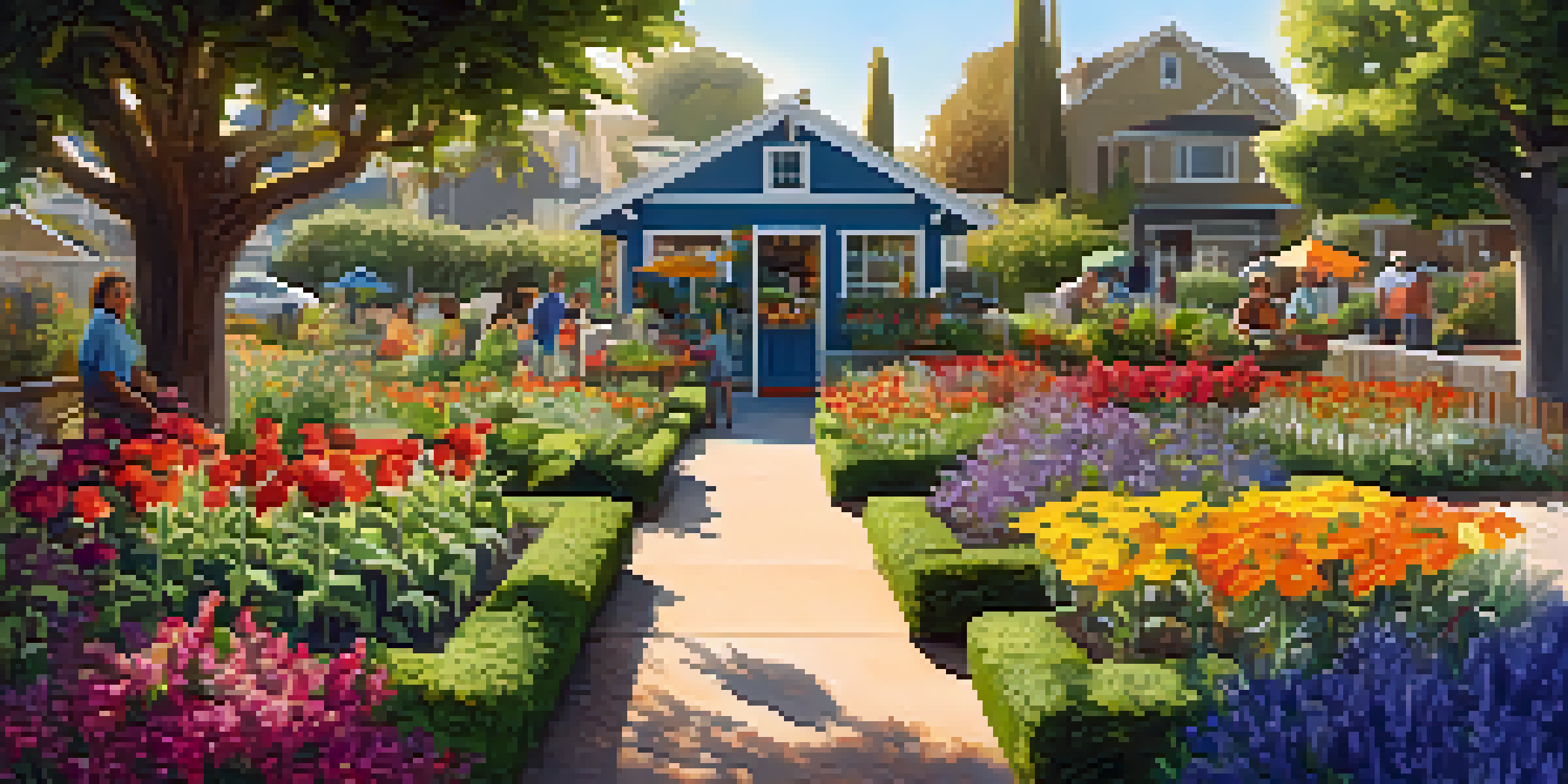 A community garden in Redwood City with diverse residents planting flowers and vegetables, illuminated by warm sunlight.