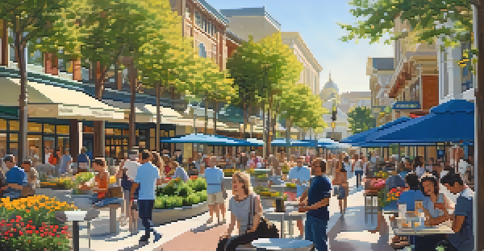 A lively urban area in Redwood City Center with modern buildings, green parks, and people enjoying outdoor activities.