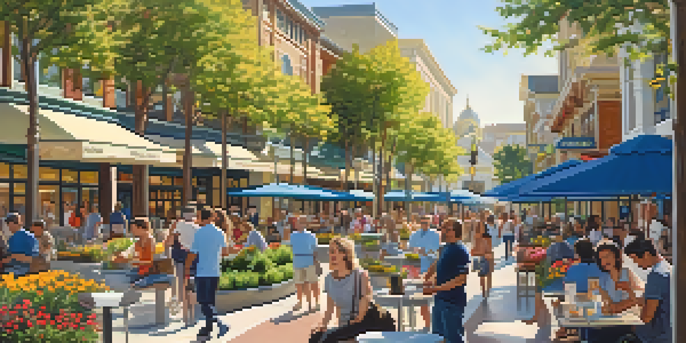 A lively urban area in Redwood City Center with modern buildings, green parks, and people enjoying outdoor activities.