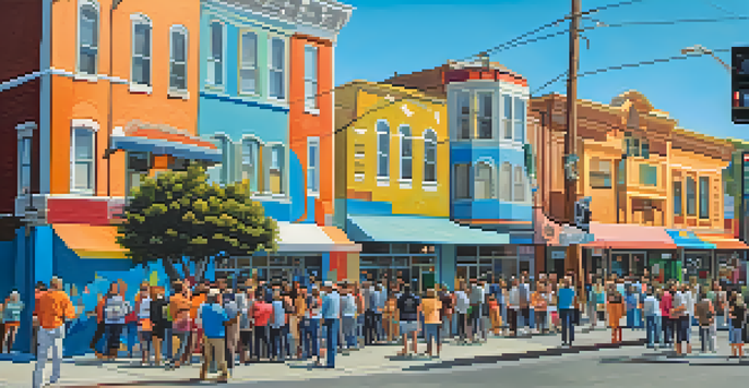 A colorful street mural being painted in Redwood City, with local artists and a crowd of people enjoying the artwork.