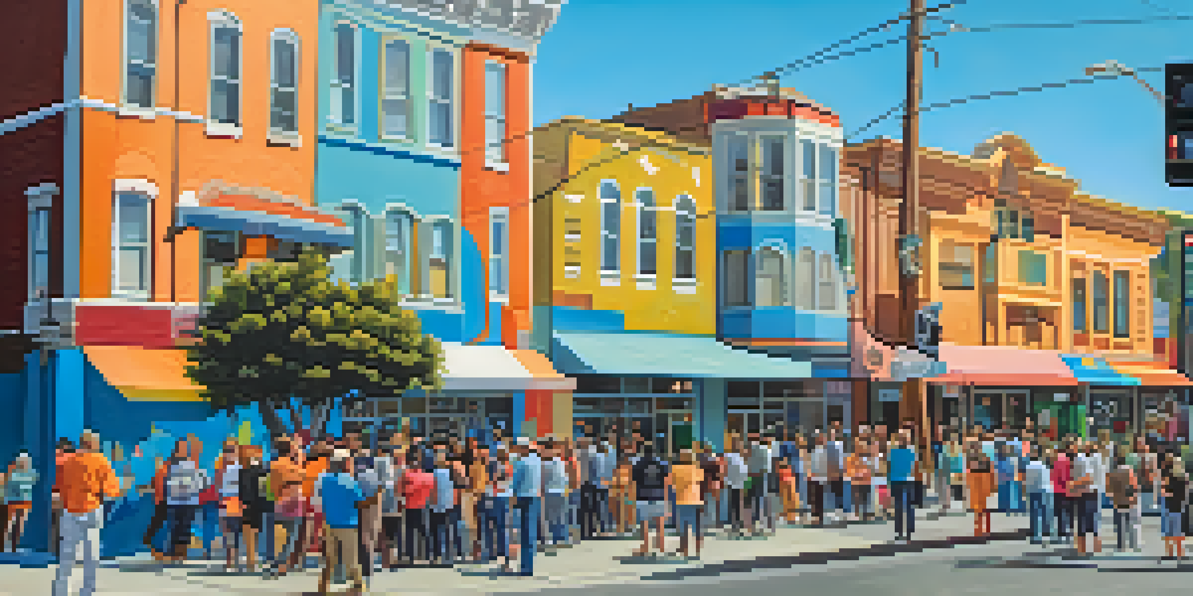 A colorful street mural being painted in Redwood City, with local artists and a crowd of people enjoying the artwork.