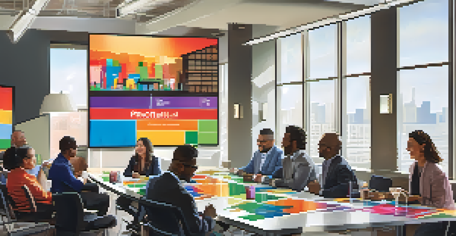 Local entrepreneurs networking in a bright conference room with banners and a projector.