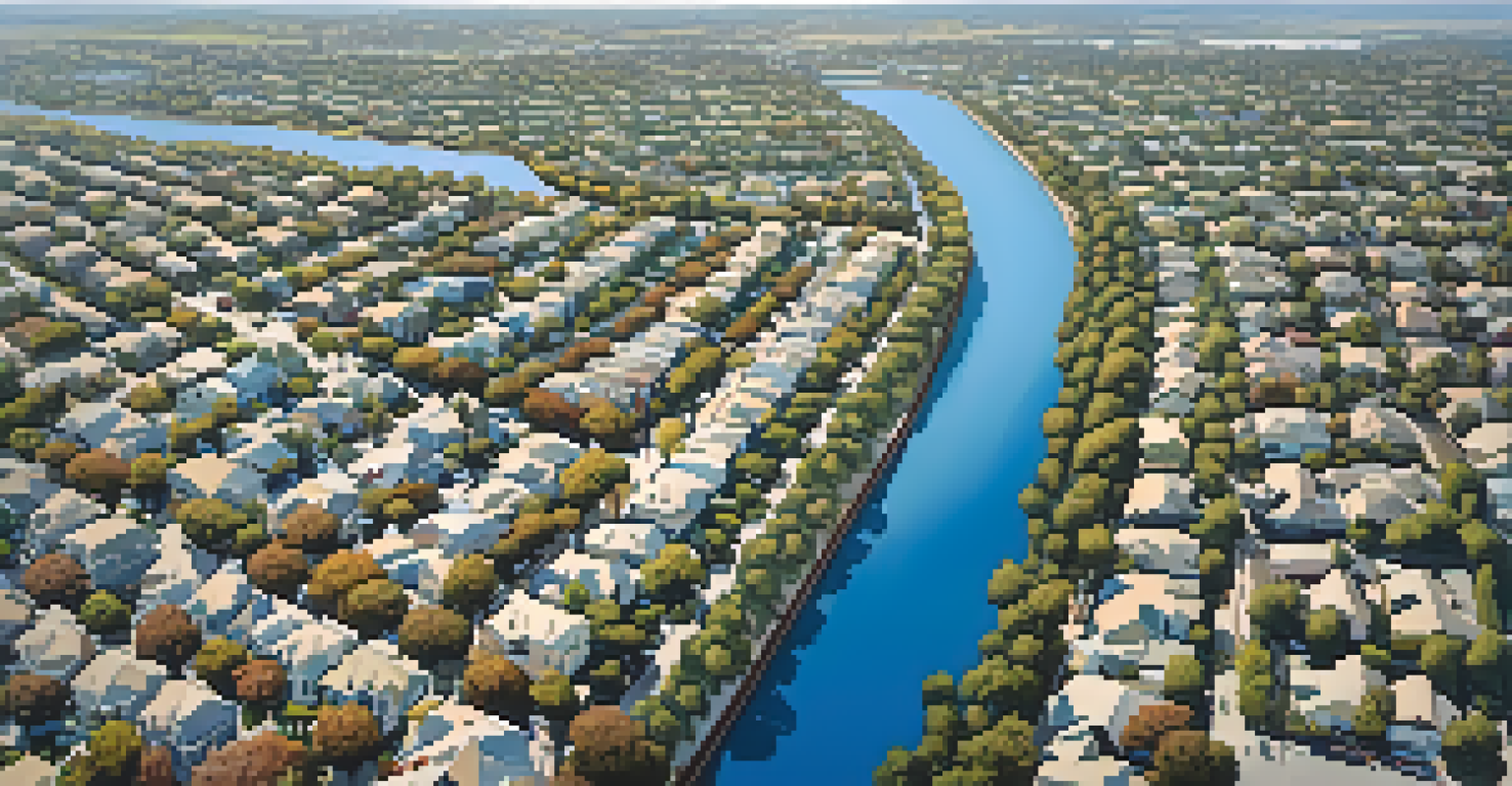An aerial view of Redwood City highlighting parks, residential areas, and vibrant streets under a clear blue sky.