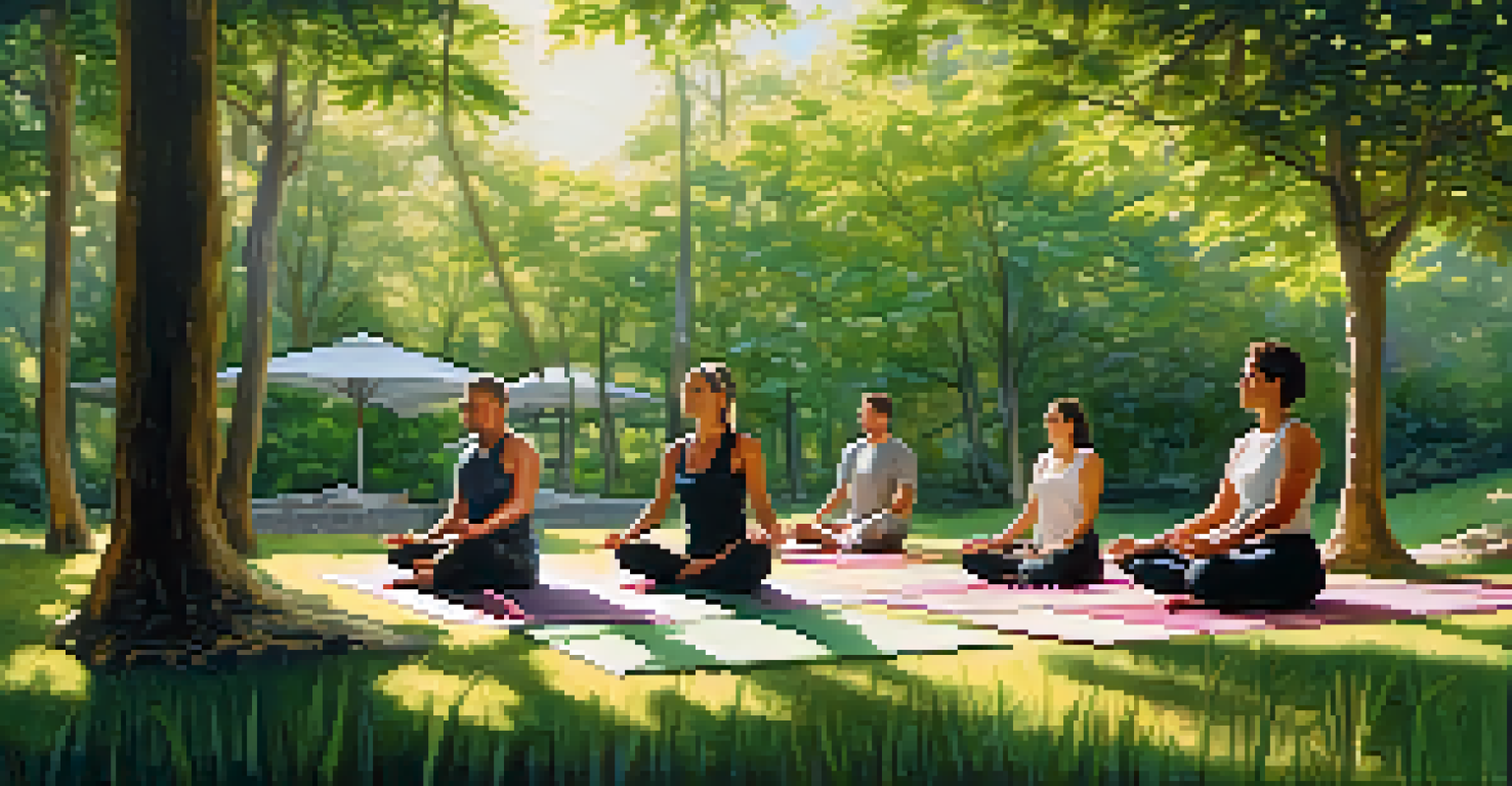 Individuals meditating under trees during a yoga retreat, with soft sunlight filtering through the leaves, creating a serene atmosphere.